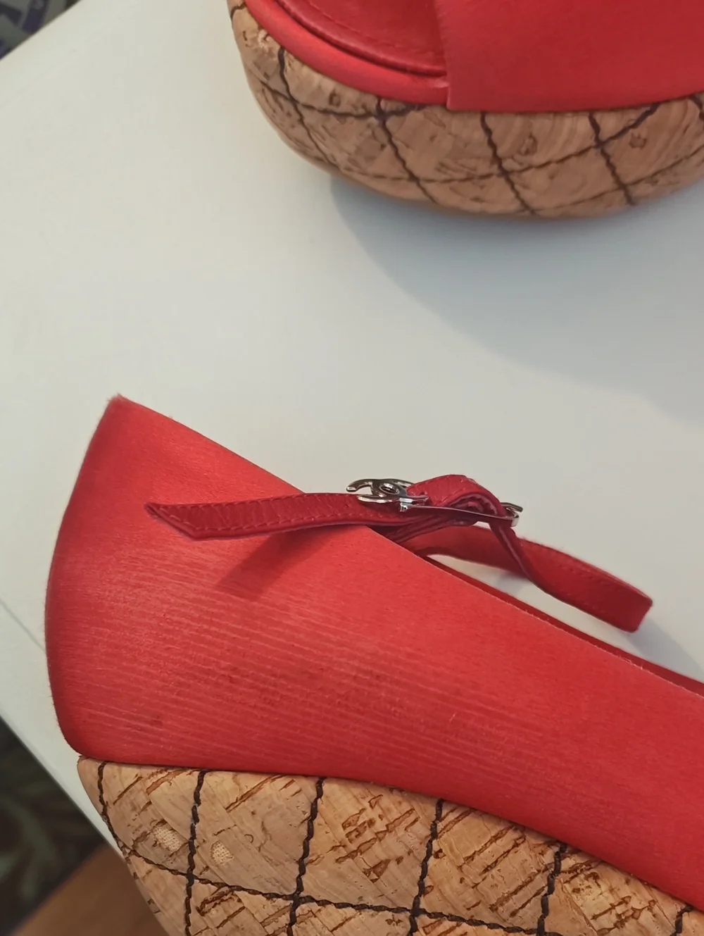 ​CHANEL Vintage Red Silk Quilted Cork Wedge Platform Sandals Size 6.5